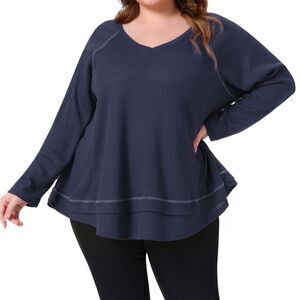 Plus Size Waffle Knitted V Neck Patchwork Hem Pullover Blouse Navy Blue